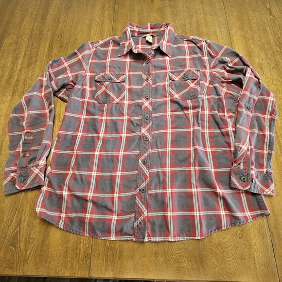 Duluth Trading Flannel Shirt Women XXL 2XL Button Up Long Sleeve Red Grey Plaid - Picture 1 of 5